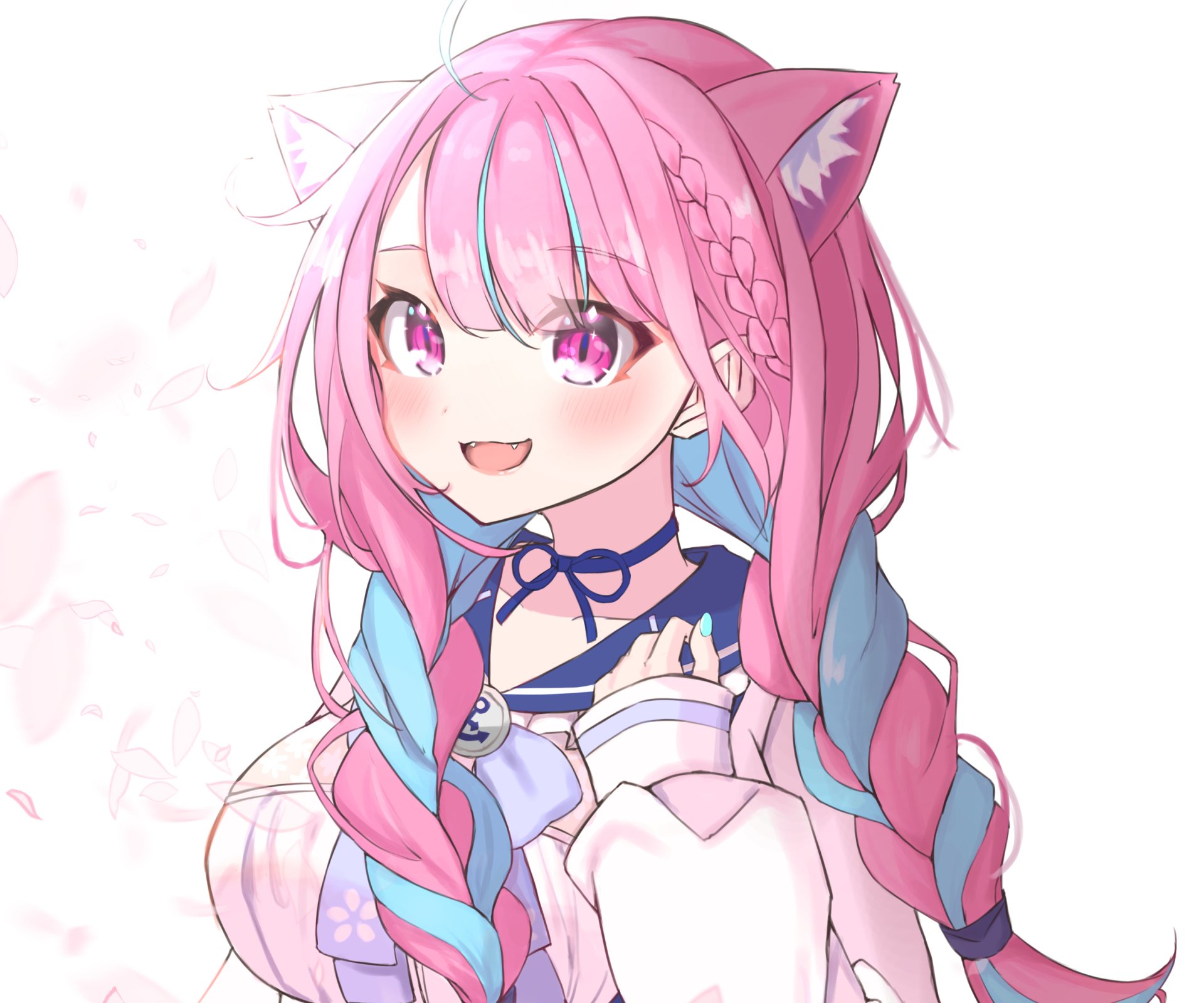 HD PC desktop wallpaper featuring Minato Aqua, a pink-haired anime virtual YouTuber from hololive, with cat ears and a playful expression.