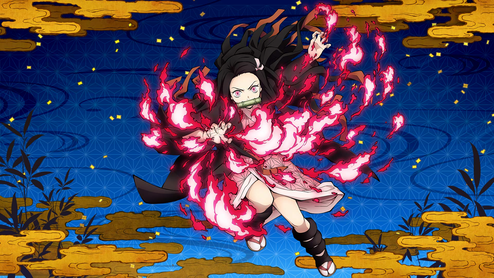 HD PC desktop wallpaper featuring Nezuko Kamado from the video game Demon Slayer -Kimetsu no Yaiba- The Hinokami Chronicles in a dynamic battle pose with fiery effects.