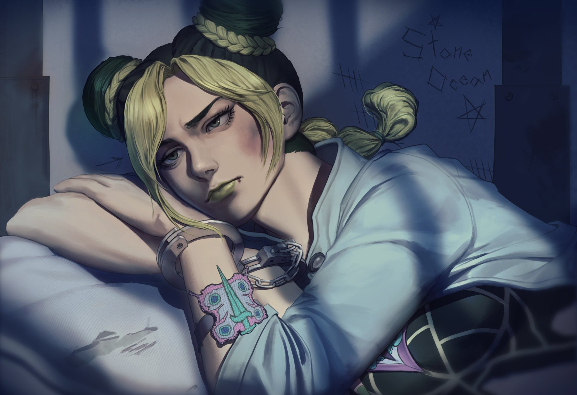 4K Ultra HD anime wallpaper featuring Jolyne Cujoh from Stone Ocean in JoJo's Bizarre Adventure, depicted resting with detailed shading and atmospheric lighting.