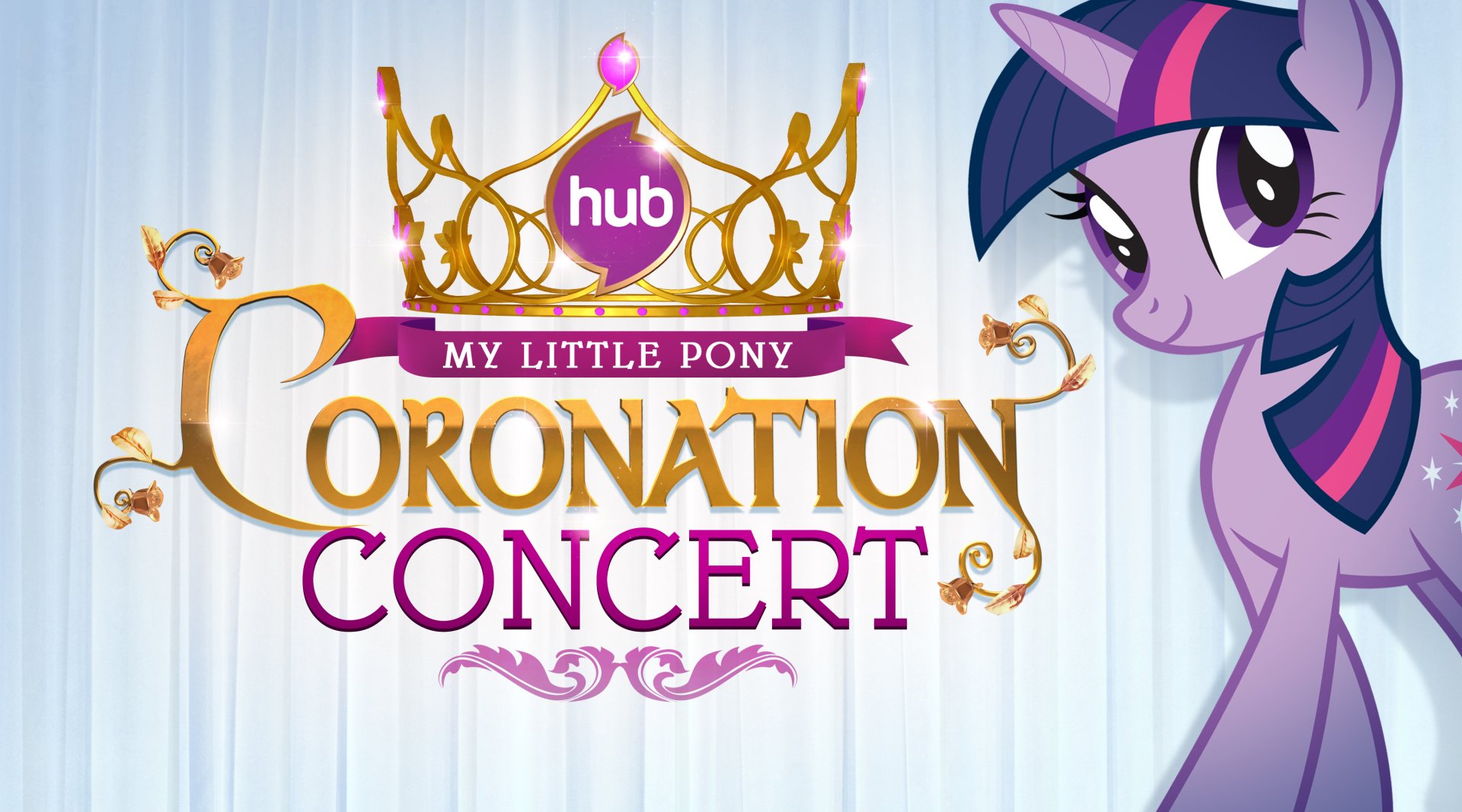 HD PC desktop wallpaper of Twilight Sparkle from the TV show My Little Pony: Friendship Is Magic, featuring the Hub Coronation Concert logo, a golden crown, and a soft striped background.