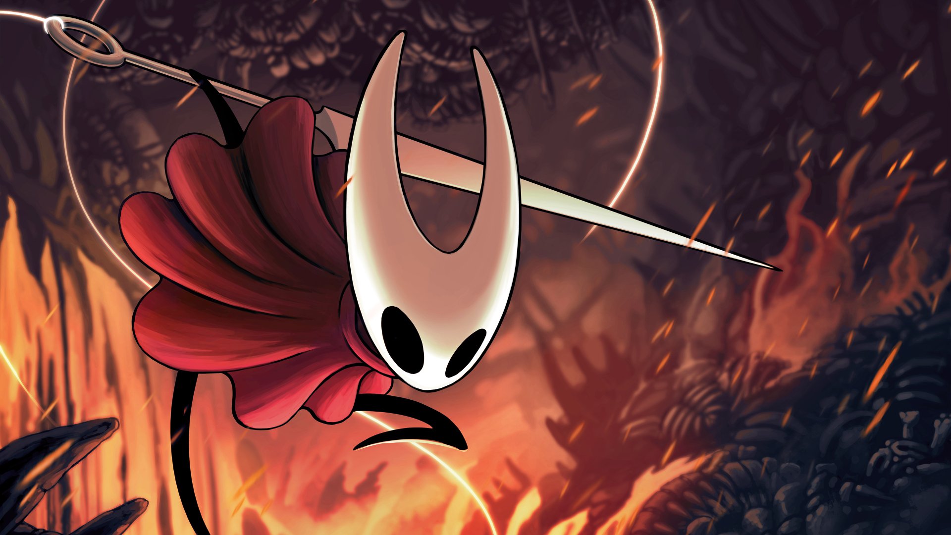 4K Ultra HD Hollow Knight video game wallpaper featuring the character in mid-air with a glowing sword against a dark, fiery background on a PC desktop.