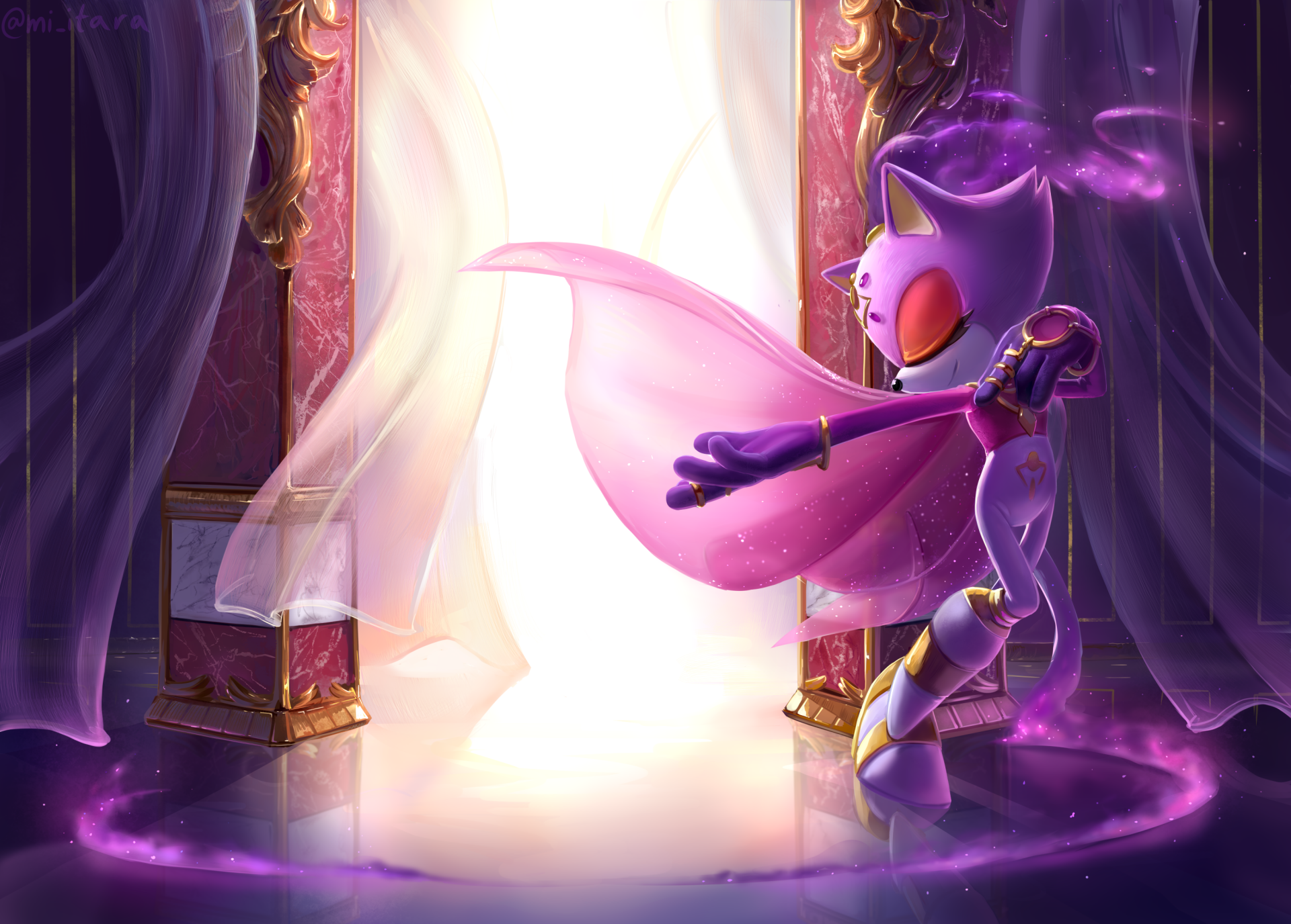 Blaze the Cat (Sonic the Hedgehog) in flowing purple robes, conjuring violet flames before a glowing doorway — 2K Quad HD PC desktop wallpaper.