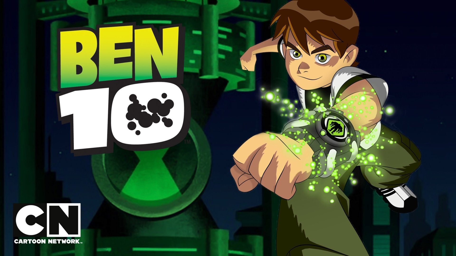 HD PC desktop wallpaper featuring the TV show Ben 10, showcasing Ben in action with glowing green Omnitrix light effects against a dark, tech-inspired background.