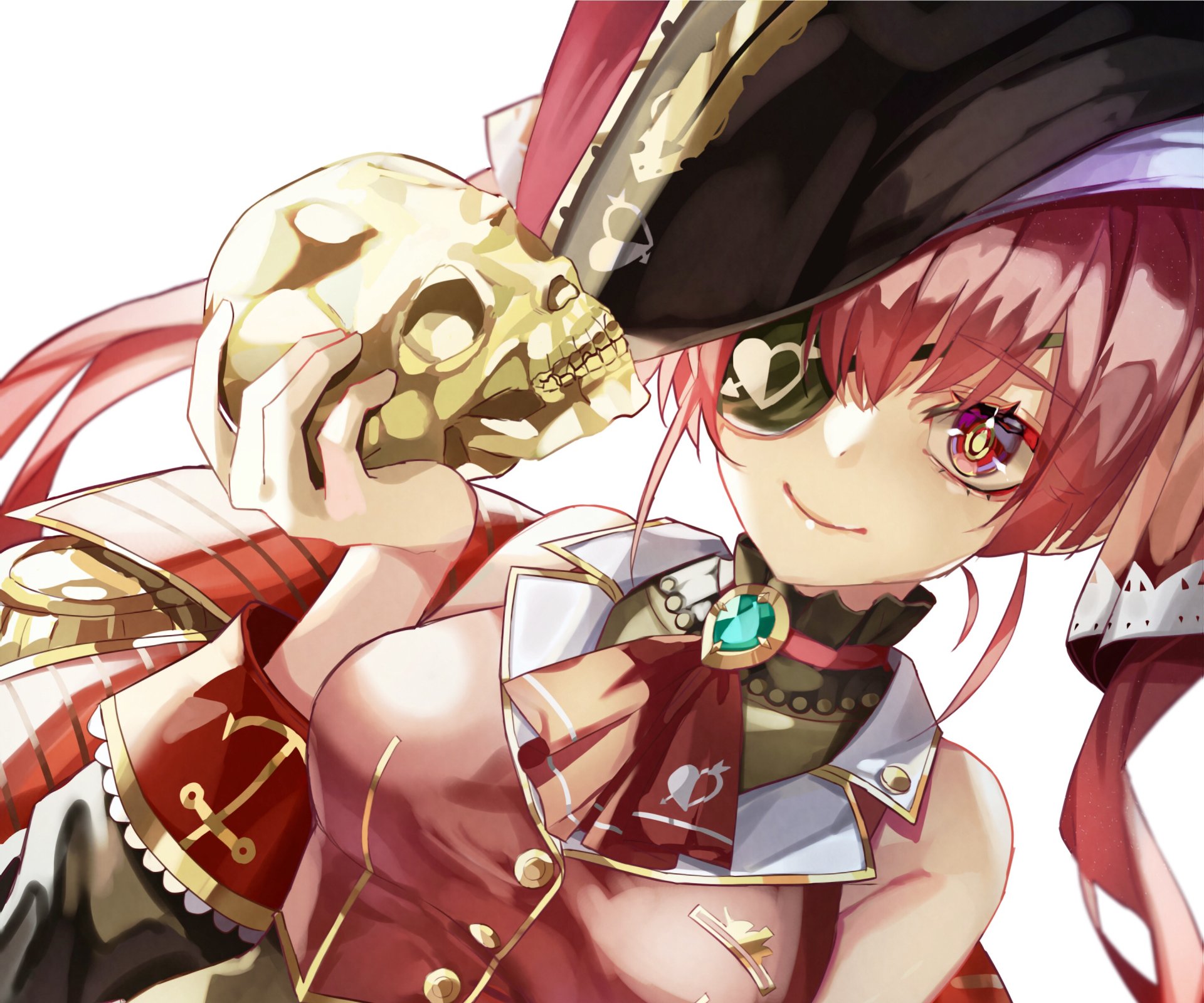Hololive Houshou Marine, anime Virtual YouTuber pirate with red twin-tails, eyepatch and skull prop, smiling — vibrant 2K Quad HD PC desktop wallpaper/background.