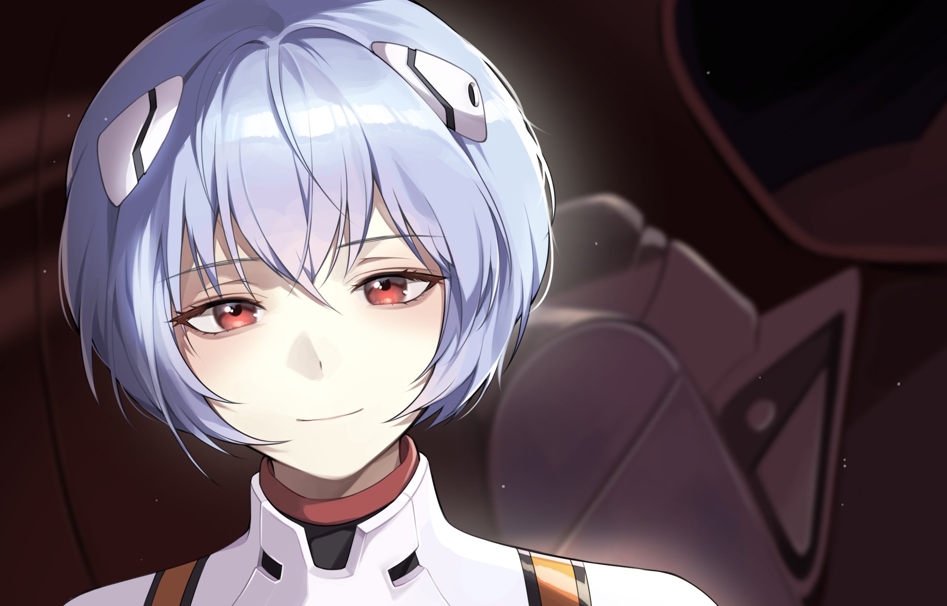 Rei Ayanami from Neon Genesis Evangelion in a soft-lit 4K Ultra HD anime PC desktop wallpaper: pale blue hair, red eyes, and plug suit details against a dark background.