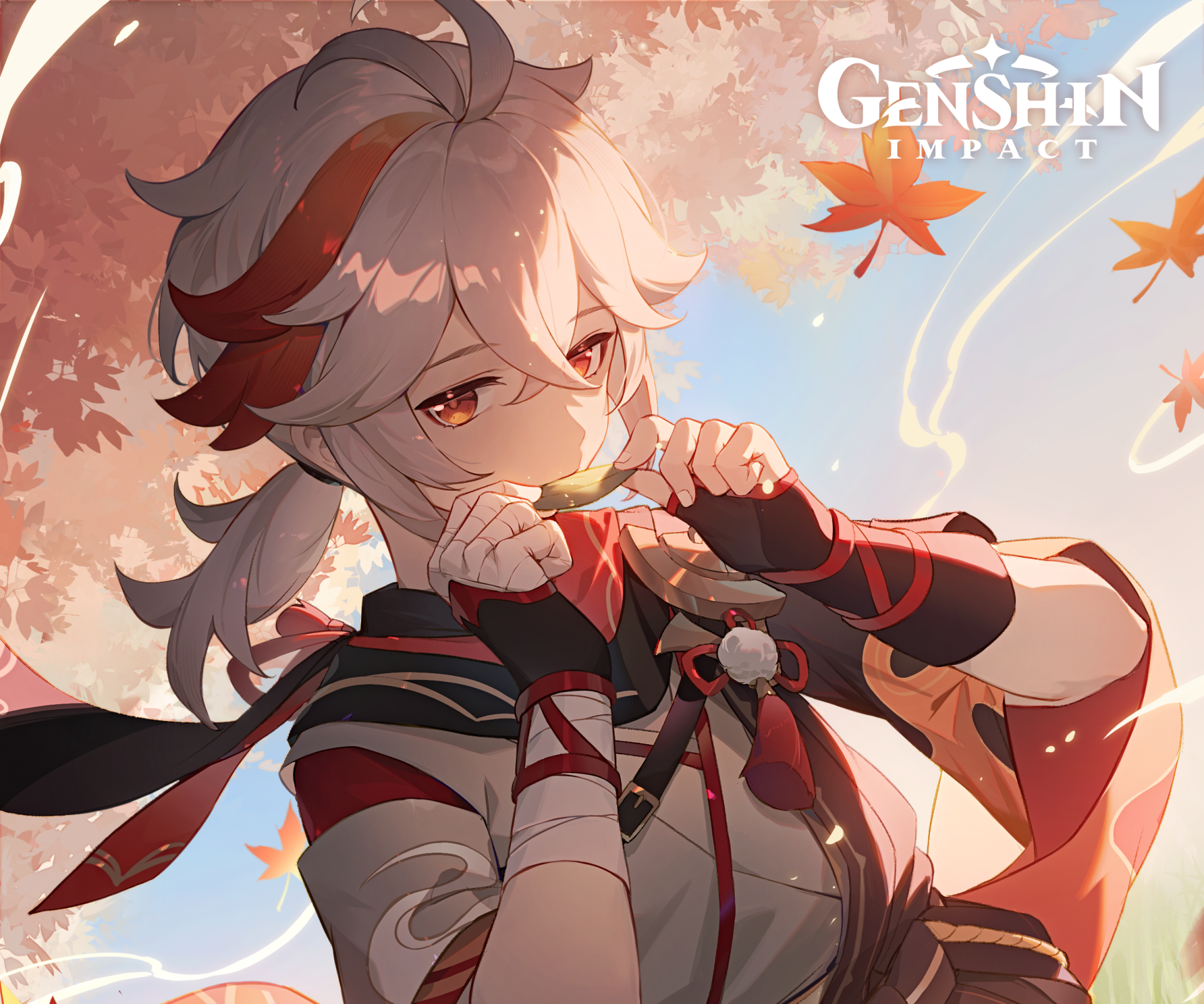 HD PC desktop wallpaper featuring Kaedehara Kazuha from Genshin Impact, surrounded by autumn leaves in a vibrant, detailed video game art style.