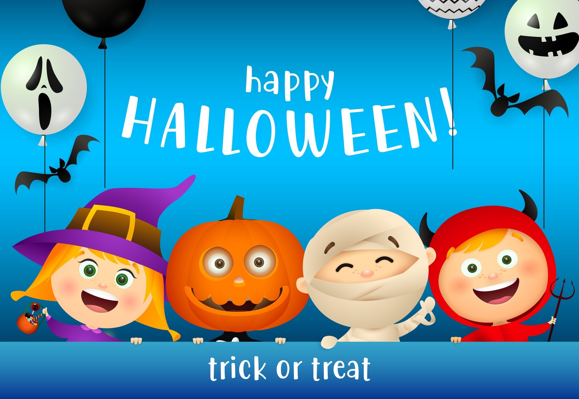 Happy Halloween trick-or-treat scene: smiling witch, jack-o'-lantern, mummy and devil kids with ghost balloons on bright blue background — colorful 5K Ultra HD PC desktop wallpaper/background.