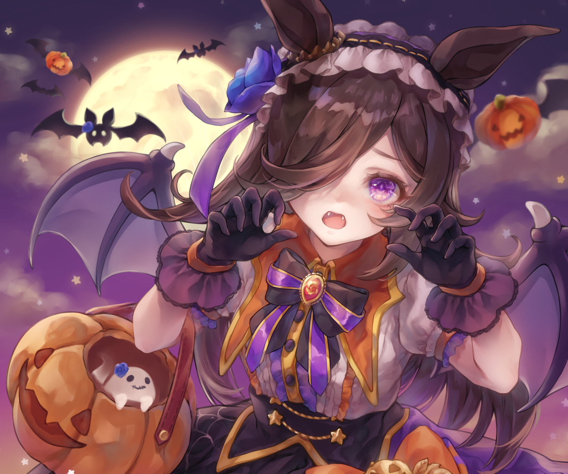 2K Quad HD wallpaper: Rice Shower from Uma Musume: Pretty Derby in a purple bat-witch costume, winking amid pumpkins, moon and bats — Halloween anime desktop background