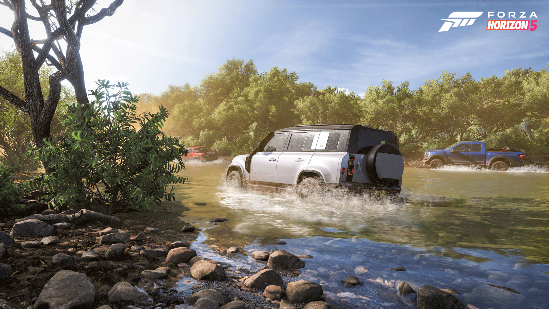 HD desktop wallpaper featuring Forza Horizon 5 gameplay with off-road vehicles crossing a river in a vibrant forest setting.