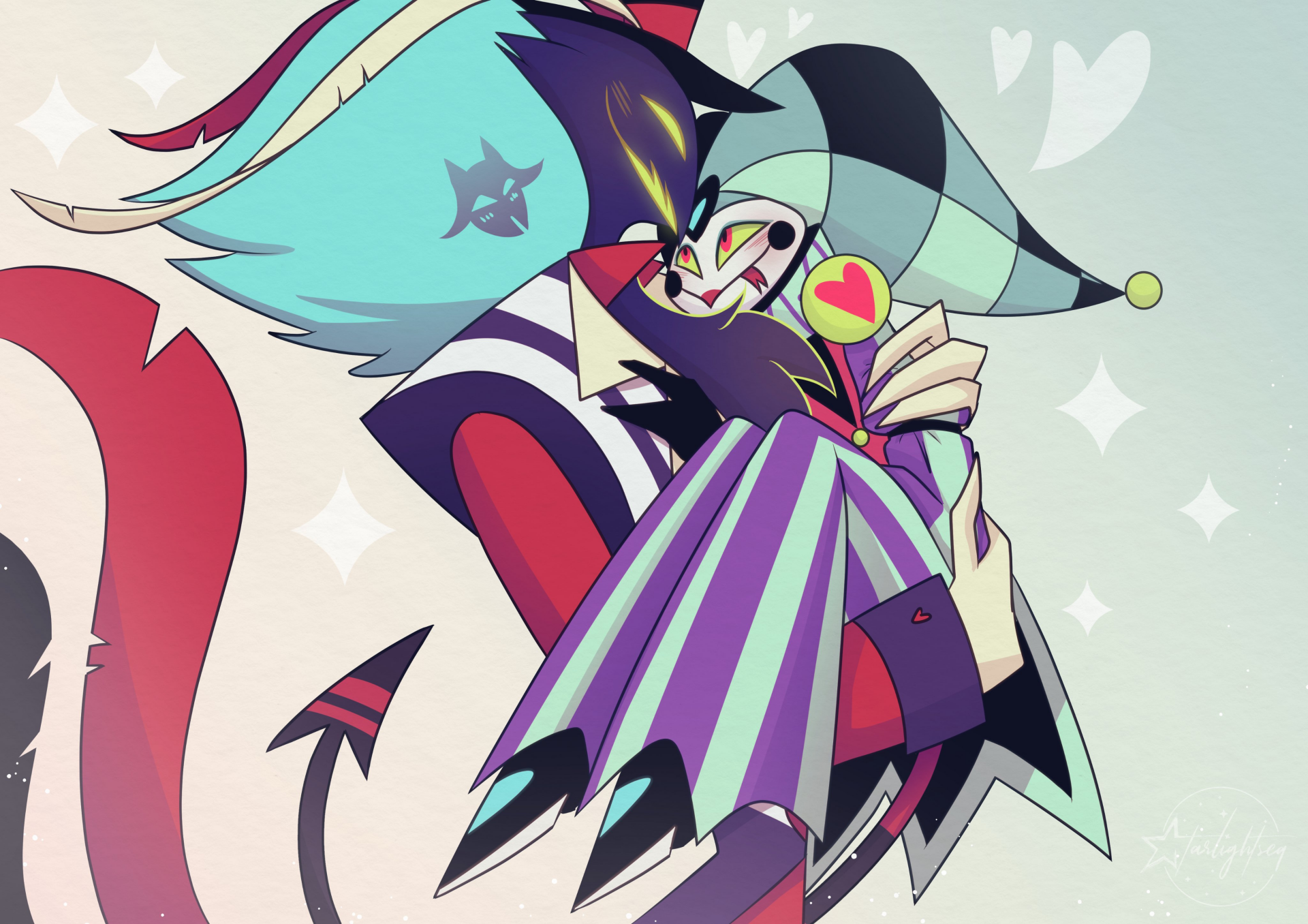 4K Ultra HD wallpaper featuring Fizzarolli and Asmodeus from the Helluva Boss TV show in a colorful, stylized embrace against a light background.