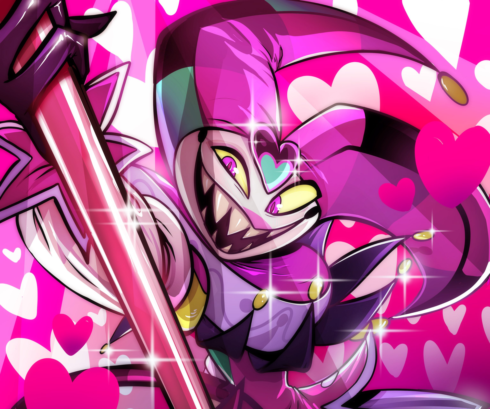 Vibrant HD desktop wallpaper featuring Fizzarolli from the TV show Helluva Boss, surrounded by pink hearts and dynamic energy.