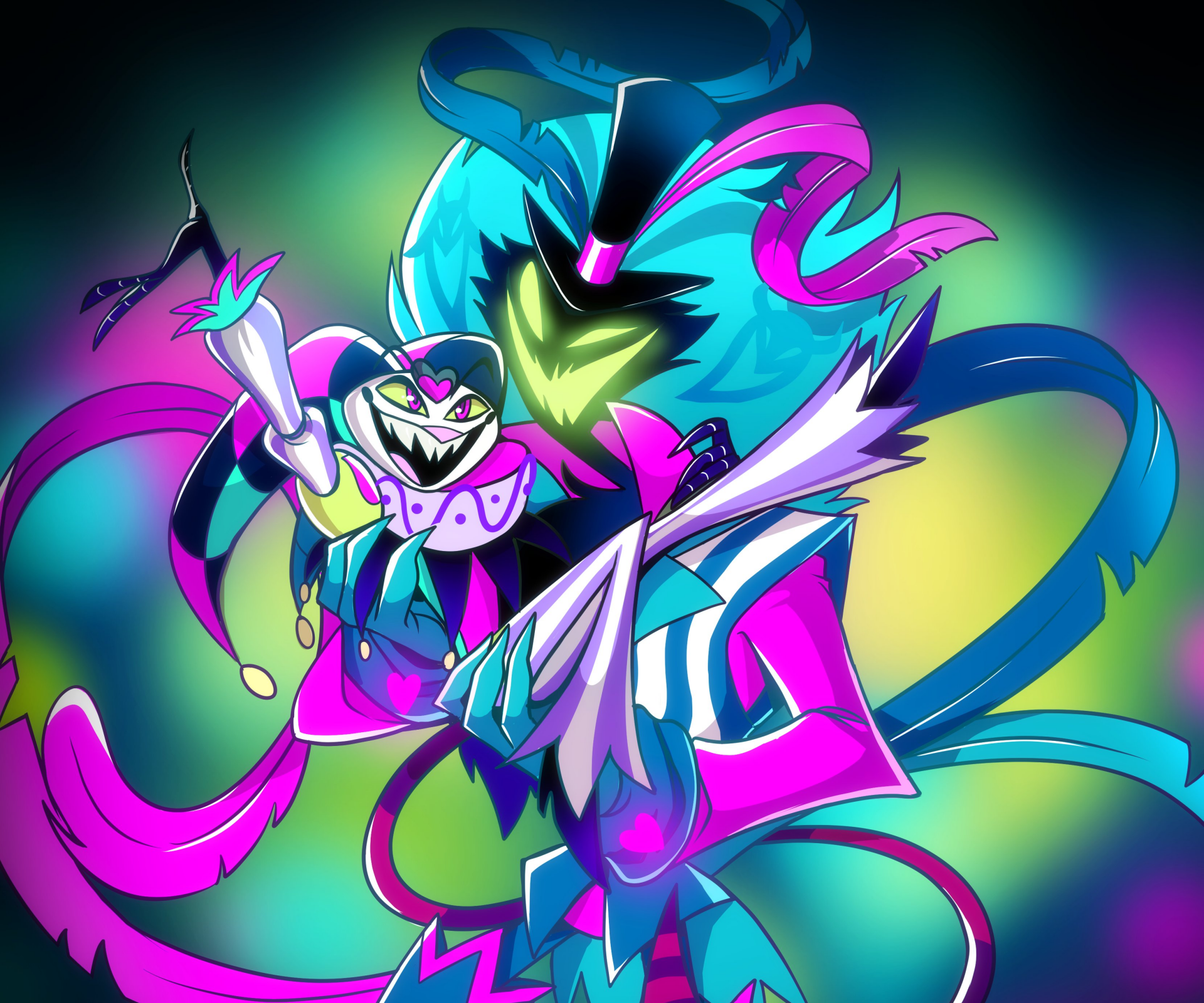 HD PC desktop wallpaper featuring Fizzarolli and Asmodeus from the TV show Helluva Boss in vibrant neon colors.