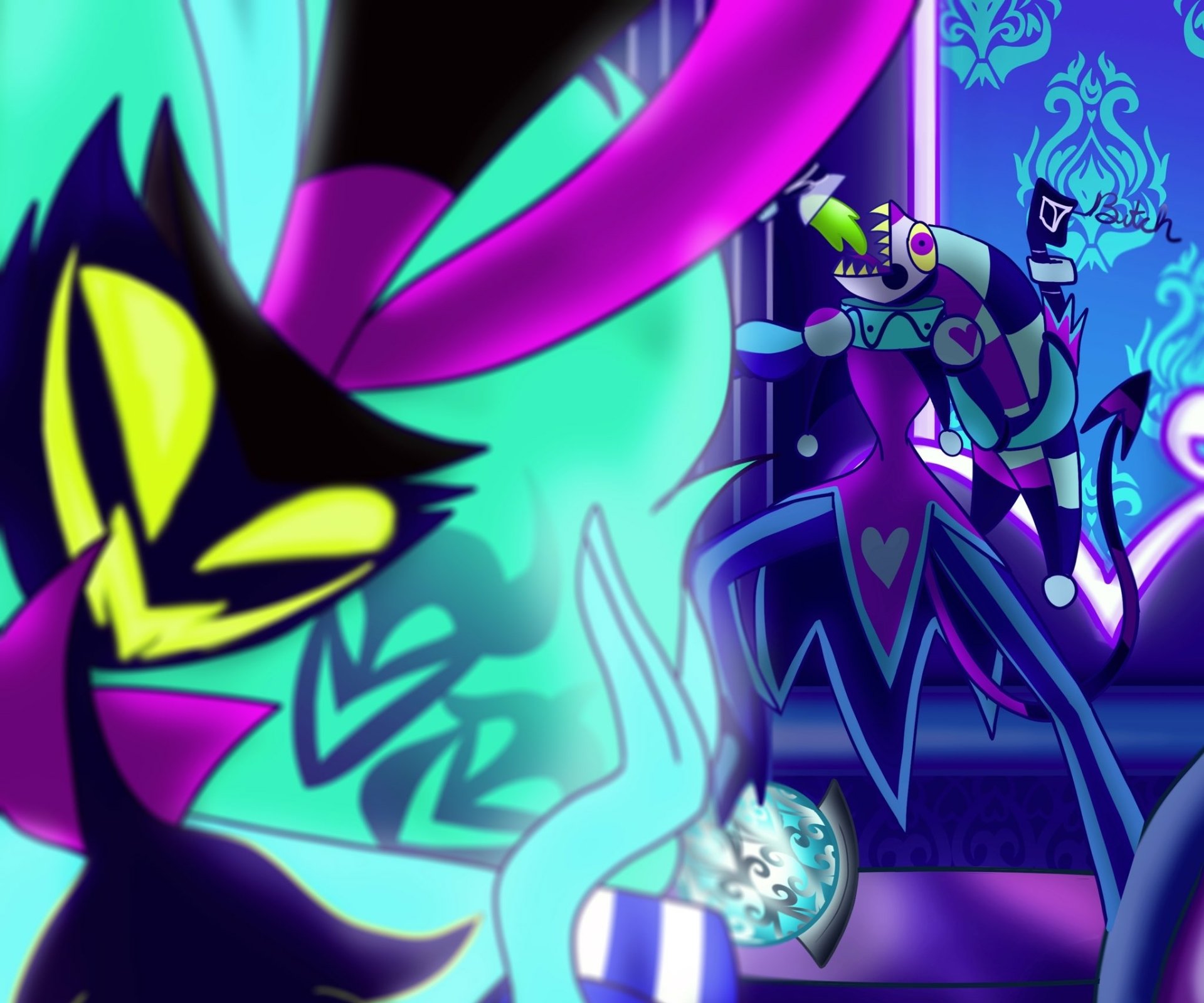 Vibrant HD PC desktop wallpaper of Helluva Boss: Fizzarolli and Asmodeus in neon cyan and magenta, dynamic TV show art with bold silhouettes and nightclub flair.