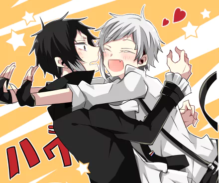 Anime HD PC wallpaper of Bungou Stray Dogs: Atsushi Nakajima (silver-haired) cheerfully hugging a flustered Ryūnosuke Akutagawa (black-haired) against a colorful background.