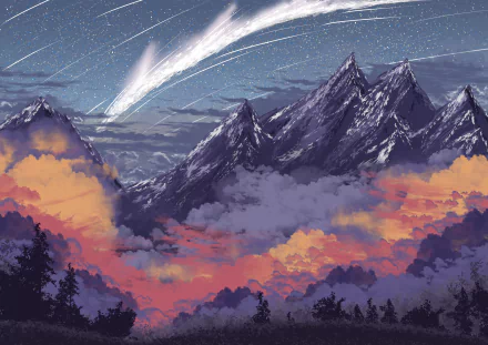 Artistic HD desktop wallpaper featuring a dramatic scene of mountain peaks under a starry sky with a bright meteor and vibrant sunset clouds.