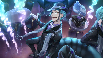 HD PC desktop wallpaper of Jade Leech from the video game Twisted Wonderland, smirking in a moonlit magical tea room with teal hair, a top hat, and floating spectral teacups