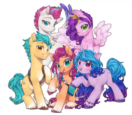 HD PC desktop wallpaper featuring pegasus, unicorn, and pony characters Zipp Storm, Pipp Petals, Hitch Trailblazer, Izzy Moonbow, and Sunny Starscout from My Little Pony: A New Generation.