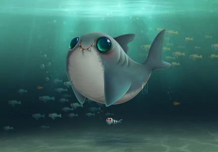 Whimsical wide-eyed fantasy shark-fish with puffer-like body and tiny teeth swims through teal water among schools of fish — 2K Quad HD PC desktop wallpaper background.