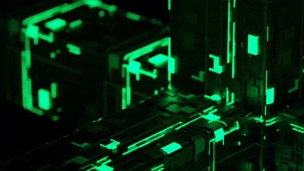 A HD desktop wallpaper featuring a green, abstract digital cube. The futuristic design highlights technological elements with vibrant lighting on a dark background.