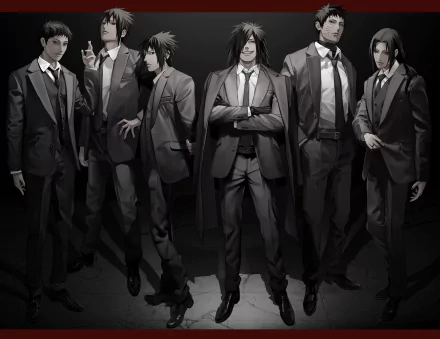 4K Ultra HD anime wallpaper featuring Uchiha Clan members Shisui, Sasuke, Obito, Madara, Izuna, and Itachi Uchiha dressed in sleek suits from Naruto.