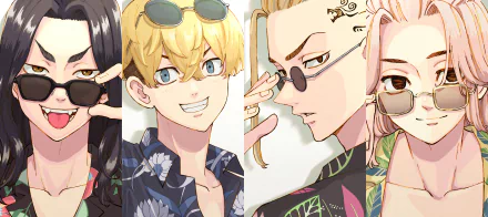 Tokyo Revengers 5K Ultra HD PC desktop wallpaper: Mikey (Manjiro Sano), Draken (Ken Ryuguji), Chifuyu Matsuno and Keisuke Baji posing with sunglasses in a split-frame anime composition.