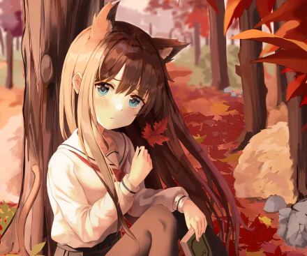 Anime girl with cat ears sits thoughtfully in an autumn forest, rendered in vibrant 4K Ultra HD for a detailed PC desktop wallpaper background.