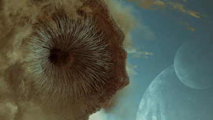 HD desktop wallpaper featuring a giant sandworm from the movie Dune (2021) rising from the desert landscape under a hazy sky with distant moons.