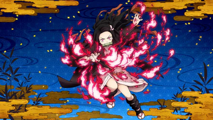 HD PC desktop wallpaper featuring Nezuko Kamado from the video game Demon Slayer -Kimetsu no Yaiba- The Hinokami Chronicles in a dynamic battle pose with fiery effects.