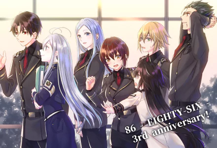 Anime wallpaper featuring Vladilena Milizé, Theoto Rikka, Shinei Nouzen, Raiden Shuga, Frederica Rosenfort, and Anju Emma from Eighty Six celebrating the series' 3rd anniversary.