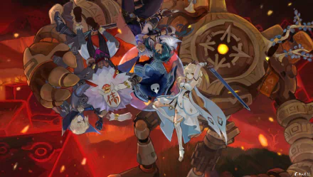 HD PC wallpaper featuring Genshin Impact characters Lumine, Kaeya, Dainsleif, Abyss Mage, Hilichurl, and a Ruin Guard in an intense, fiery battle scene.