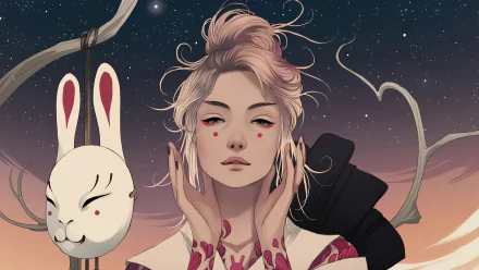 A fantasy-themed HD wallpaper featuring a woman with soft pink hair and red markings on her face, holding a rabbit mask. The background depicts a starry twilight sky, adding to the mystical atmosphere.