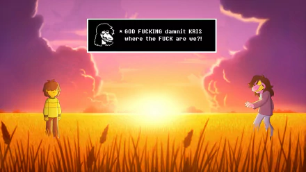 HD PC desktop wallpaper featuring a crossover of Final Space with Deltarune characters Kris and Ralsei in a golden field at sunset with dialogue text.