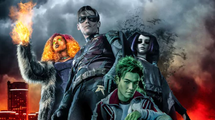 4K Ultra HD wallpaper featuring Anna Diop as Starfire, Brenton Thwaites as Dick Grayson, Ryan Potter as Beast Boy, and other Titans characters from the DC Comics TV show.
