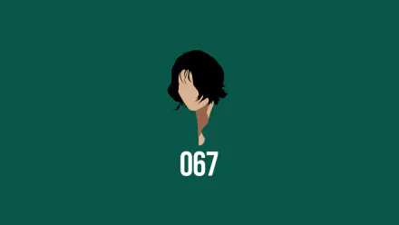 Minimalist HD PC desktop wallpaper featuring a faceless illustration of Squid Game contestant 067 against a dark green background.