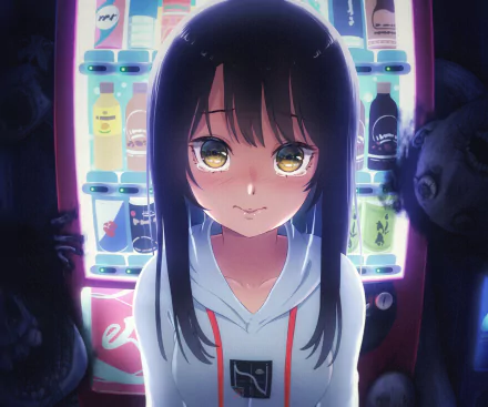 HD PC desktop wallpaper featuring Miko Yotsuya from the anime Mieruko-chan, illuminated by a vibrant vending machine backdrop.