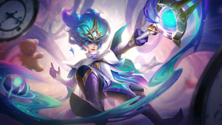 Harley (Mobile Legends) casting teal-purple magic, wielding a glowing staff amid clock motifs — 4K Ultra HD PC desktop wallpaper/background from Mobile Legends: Bang Bang.