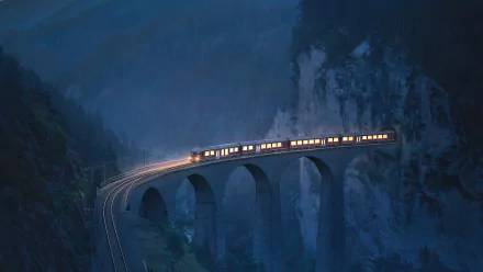 RhB train illuminated at night crosses a curved stone bridge through a mountainous landscape in 4K Ultra HD.