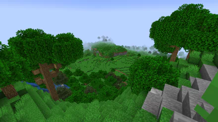 HD PC desktop wallpaper: Minecraft video game landscape with blocky trees, rolling grassy hills, stone outcrops and a misty horizon.