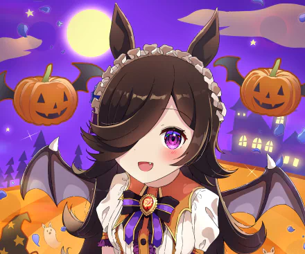 Rice Shower (Uma Musume: Pretty Derby) anime character smiling in a Halloween scene with pumpkins, bat wings and a moonlit purple sky — HD PC desktop wallpaper/background.
