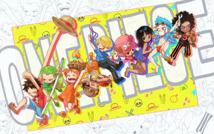 Chibi-style One Piece crew members, including Luffy, Zoro, Nami, Usopp, Sanji, Chopper, Robin, Franky, and Brook, featured on a vibrant HD desktop wallpaper.