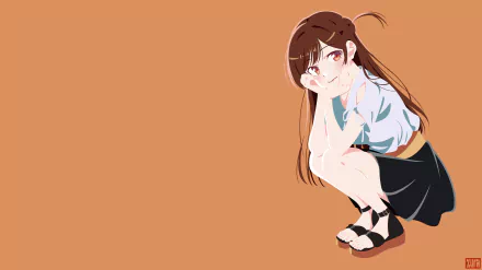 Chizuru Ichinose from Rent-A-Girlfriend crouched and smiling on a solid peach background — anime 5K Ultra HD PC desktop wallpaper and background.