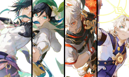 HD PC wallpaper featuring Albedo, Kaedehara Kazuha, Venti, and Xiao from the video game Genshin Impact, showcasing dynamic poses and vibrant colors.