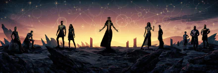 HD PC desktop wallpaper showcasing the main characters of the movie Eternals against a cosmic, starry background with abstract celestial designs.
