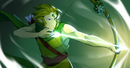 HD PC desktop wallpaper featuring Wind Archer Cookie from the video game COOKIE RUN: KINGDOM, depicted drawing an arrow with a glowing bow.