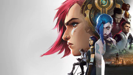 HD desktop wallpaper featuring characters Mel Medarda, Jayce, Silco, Jinx, and VI from the TV show Arcane, part of the League of Legends universe.