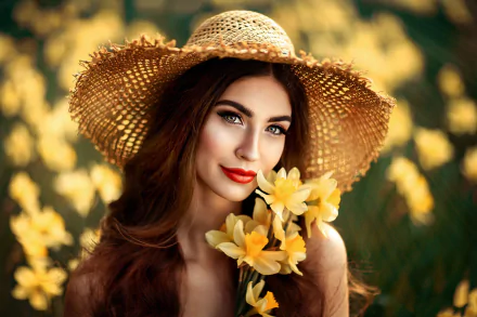lipstick hat daffodil woman model HD Desktop Wallpaper | Background Image