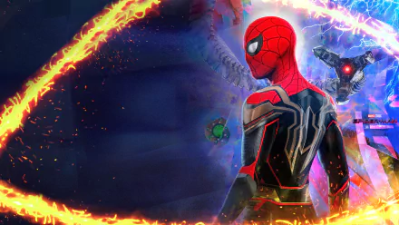 HD PC desktop wallpaper featuring Spider-Man (Peter Parker) from the movie Spider-Man: No Way Home with dynamic glowing effects and a dark blue background.