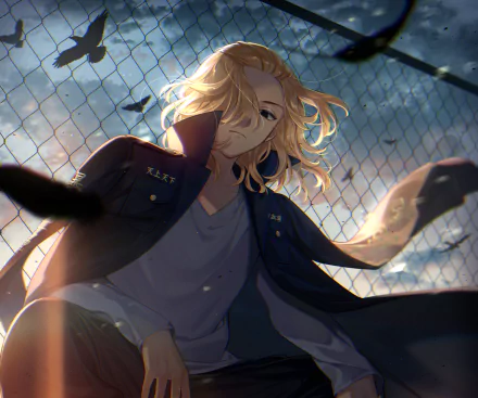 HD anime desktop wallpaper featuring Mikey Manjiro Sano from Tokyo Revengers with wind-blown hair and a dynamic pose against a chain-link fence background.