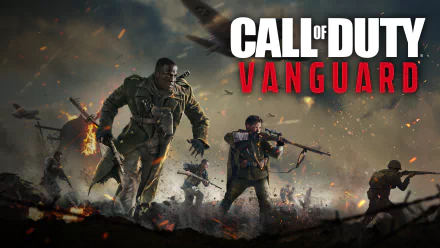 High-definition desktop wallpaper featuring action-packed artwork from Call of Duty: Vanguard, with soldiers advancing through battle amidst explosions.