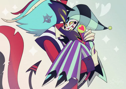 4K Ultra HD wallpaper featuring Fizzarolli and Asmodeus from the Helluva Boss TV show in a colorful, stylized embrace against a light background.